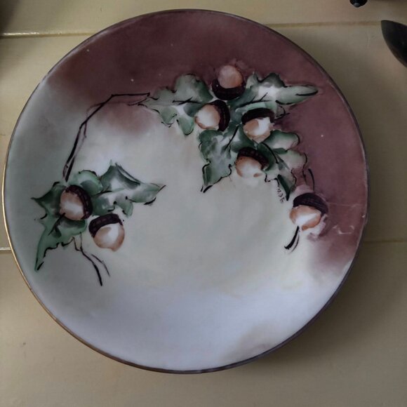 Antique Limoges Hand-Painted Cabinet Plate, Acorns & Oak Leaves, Signed c. 1900 - Picture 3 of 9